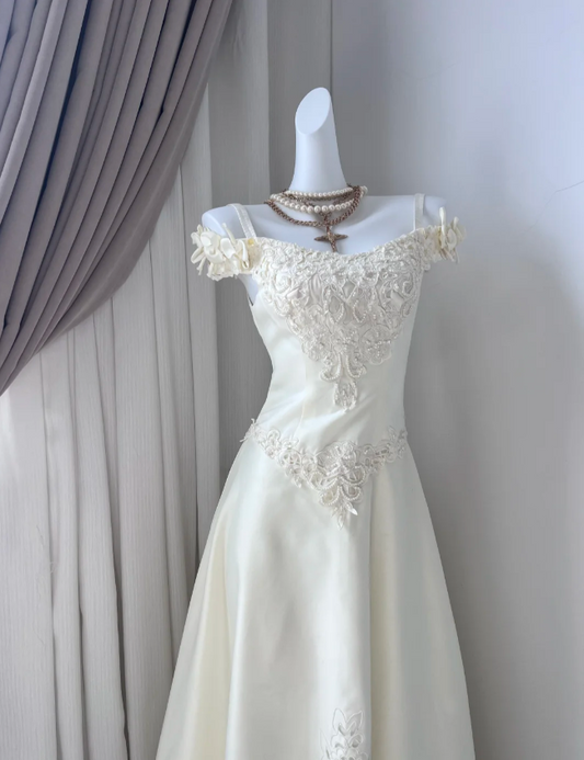Vintage Ivory Pearl Lace Satin Long Prom Dress P4836