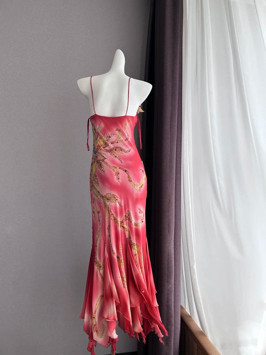 Dreamy Pink Gradient Spaghetti Strap Beaded Irregular Ruffle Mermaid Chiffon Long Prom Dress Evening Dress P4842