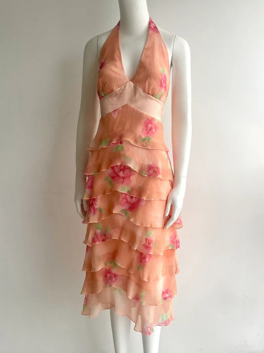 Vintage Orange Pink Halter Print Multi-Layer Ruffle Chiffon Prom Dress P4848