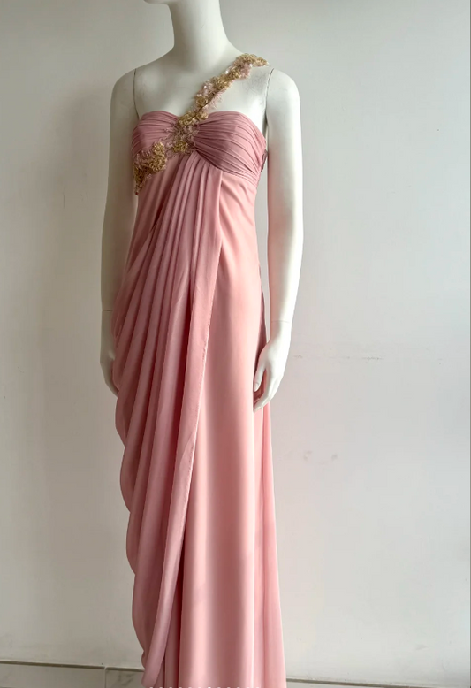 Elegant Pink One Shoulder Ruched Chiffon Long Prom Dress Evening Dress P4850