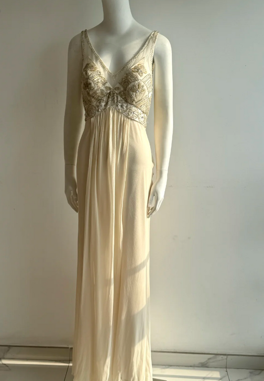 Vintage Ivory V-Neck Beaded Chiffon Long Prom Dress Evening Dress P4851