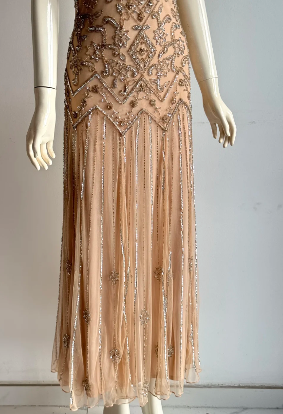 Vintage Nude Pink V-Neck Beaded Geometric Chiffon Long Prom Dress Evening Dress P4854