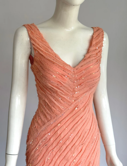 Elegant Coral Orange V-Neck Slim Beaded Sequined Chiffon Prom Dress Evening Dress P4858