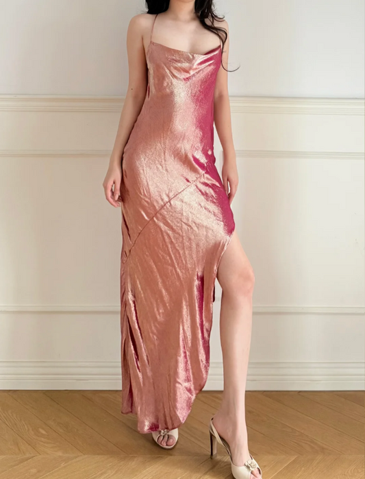 Stunning Pink Cowl Neck Slit Backless Lace-up Satin Long Prom Dress Evening Dress P4864