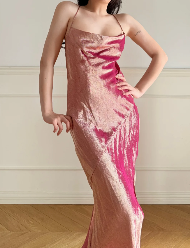 Stunning Pink Cowl Neck Slit Backless Lace-up Satin Long Prom Dress Evening Dress P4864