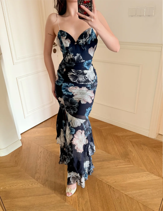 Vintage Navy Blue Print Spaghetti Strap Side Slit Mermaid Chiffon Long Prom Dress Evening Dress P4875