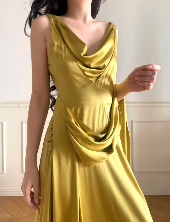 Vintage Mustard Yellow Cowl Neck Ruched Satin Prom Dress Evening Dress P4878
