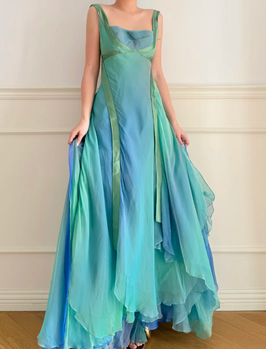 Dreamy Cyan Blue Gradient Square Neck Backless A-Line Chiffon Long Prom Dress Evening Dress P4880