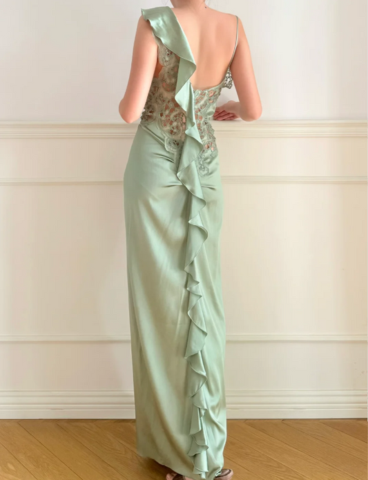 Elegant Green V-Neck Mermaid Ruffle Cutout Lace Satin Long Prom Dress Evening Dress P4881