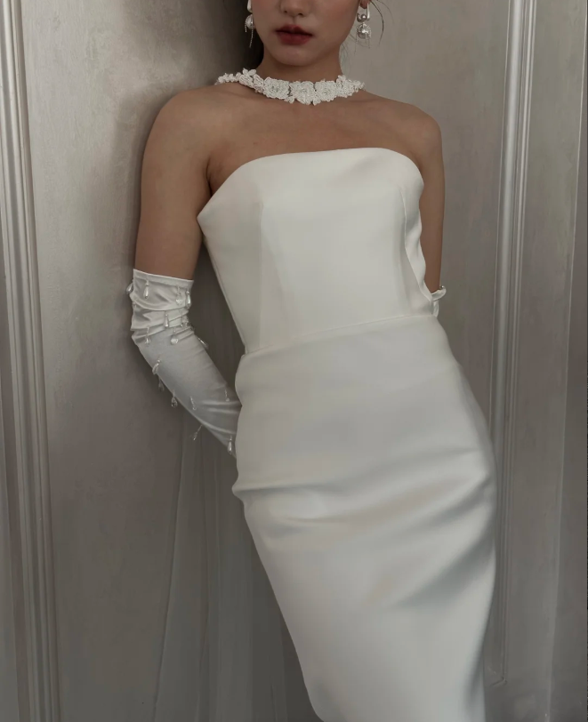 Simple White Strapless Mermaid Satin Long Wedding Dress P4890