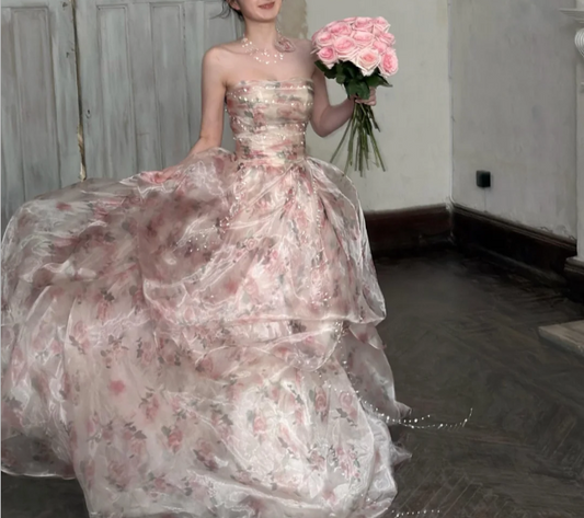 Beautiful Pink Rose Print Strapless Layered Organza Train Prom Dress Evening Dress P4891