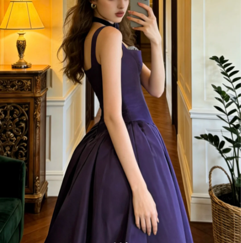 Vintage Dark Purple Strap A-Line Satin Train Prom Dress Evening Dress P4895