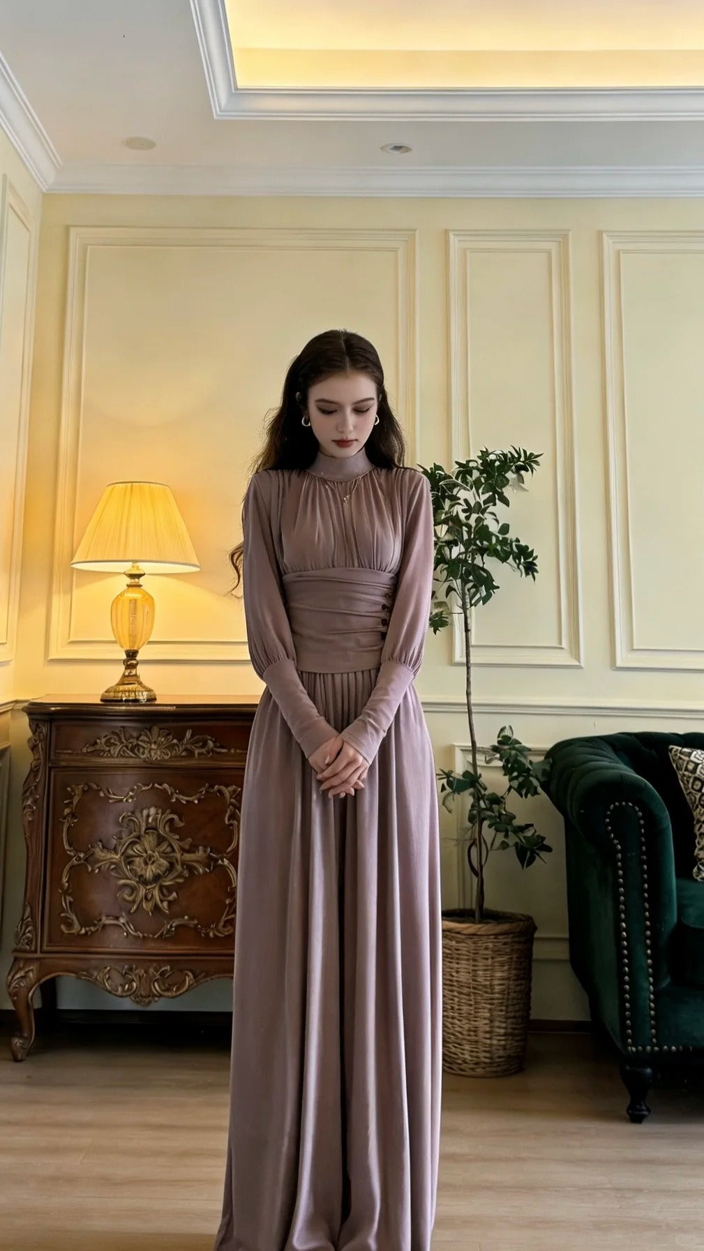Elegant Dusty Purple Stand Collar Long Sleeve Waist Fitted Velvet Long Prom Dress Evening Dress P4897