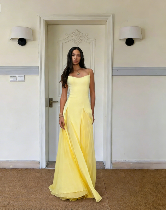 Yellow Simple A Line Woman Party Dresses Spaghetti Straps Chiffon Prom Outfits