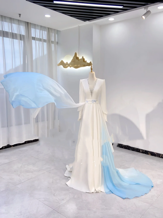 Light Blue & White Color Block V-Neck Waist-Cinched Fitted Long Magnificent Evening Dress, Fairy Gown, Romantic Gown gh7387