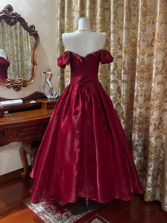 Burgundy One-Shoulder Waisted Voluminous Skirt Gown, Prom Dress, Graduation Dress, Birthday Party Dress gh7270