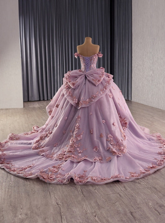 Glamorous Lavender Glitter Tulle Off-the-Shoulder Floral Embroidery 3D Rose Appliques Sweet 15 Quinceanera Ball Gown TP5448