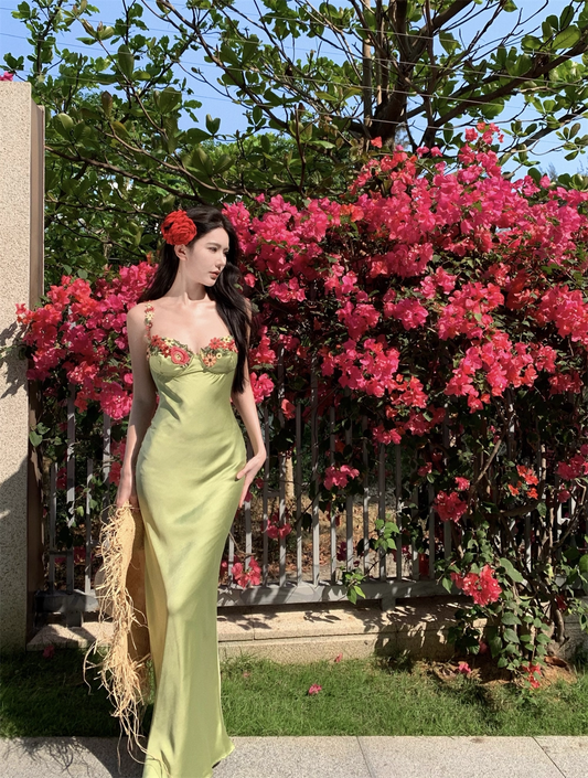 Vintage Green Floral Mermaid Spaghetti Strap Design Satin Prom Dress Evening Dress TP4226