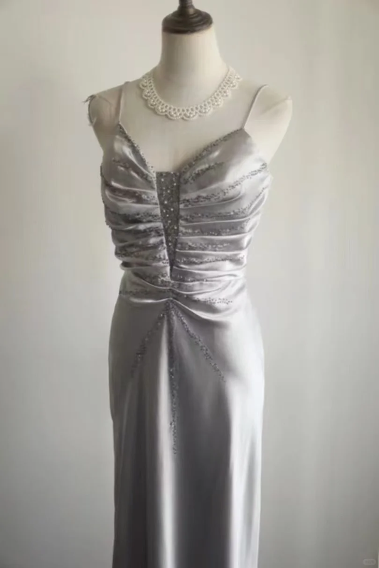 Elegant Spaghetti Strap Grey Mermaid Evening Gown Beaded Ruched Prom Dress TP5640