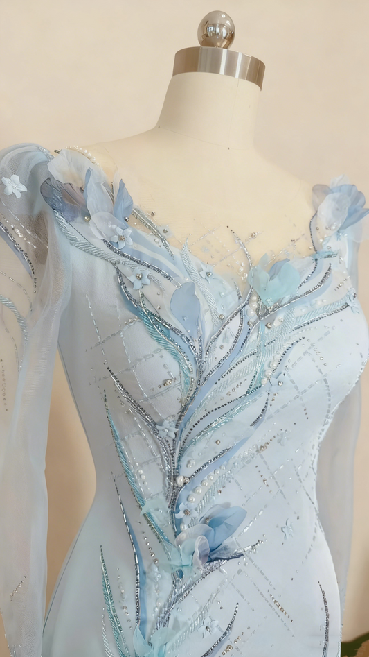 Formal Dress Light Blue Satin Sheer Long-Sleeve Beaded Floral Floor-Length Gown gh6389