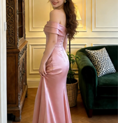 Elegant Pink Off-the-Shoulder Mermaid Ruched Satin Long Prom Dress Evening Dress P4900