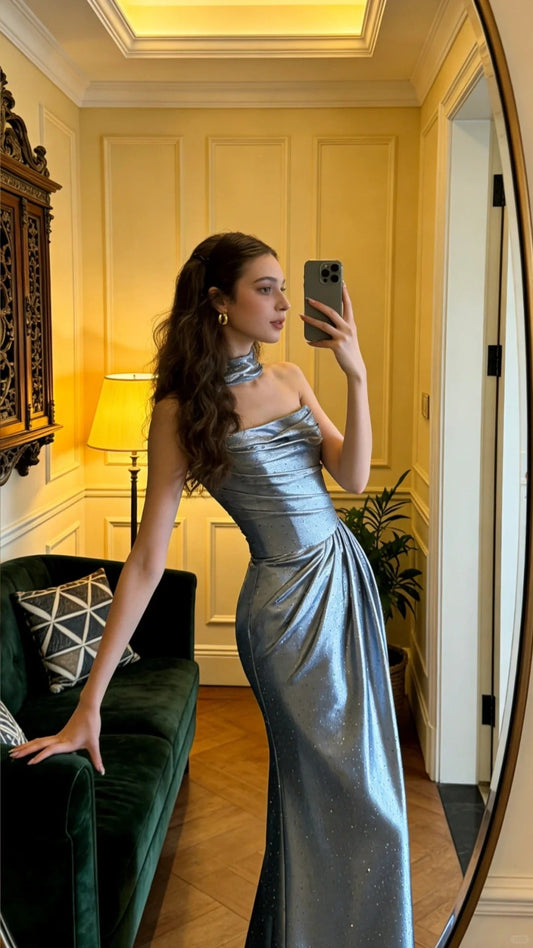 Elegant Silver Gray Mermaid Ruched Rhinestone Satin Long Prom Dress Evening Dress P4906