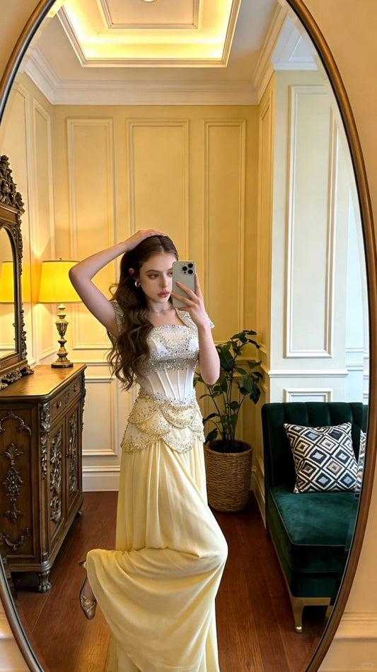 Vintage Cream Yellow Square Neck A-Line Beaded Boned Waist Chiffon Long Prom Dress Evening Dress P4907