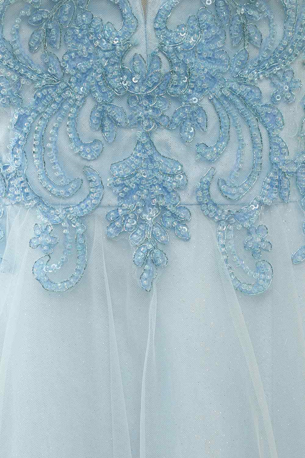 Light Blue A-line V Neck Beading-Embroidered Tulle Mini Homecoming Dress