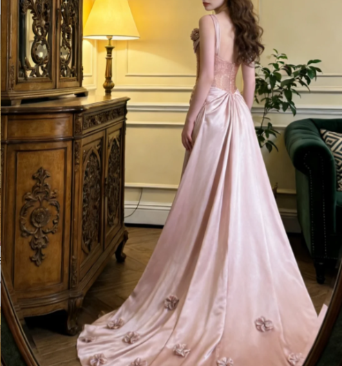 Elegant Pink Spaghetti Strap 3D Flower Satin Train Prom Dress Evening Dress P4910
