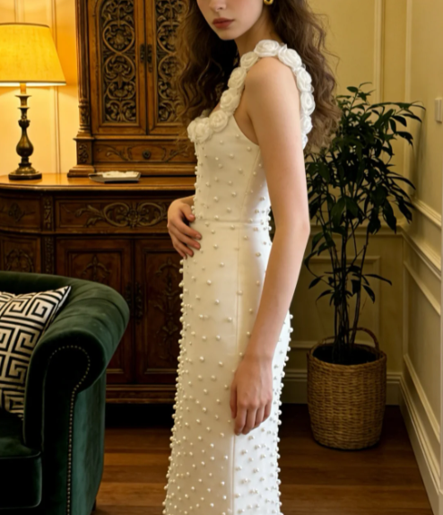 legant Ivory Mermaid Spaghetti Strap Square Neck 3D Rose Pearl Satin Long Prom Dress Evening Dress P4912