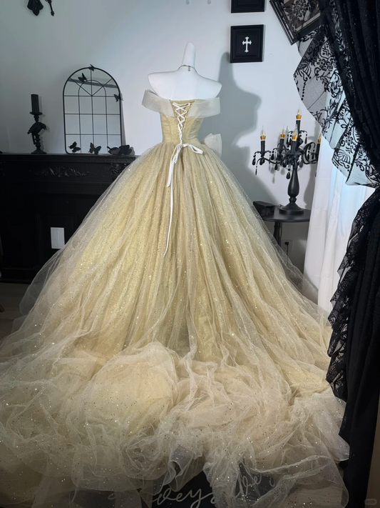 Light Yellow One Shoulder Waist-Cinched Voluminous Long Evening Dress, Fairy Gown, Romantic Gown gh7368