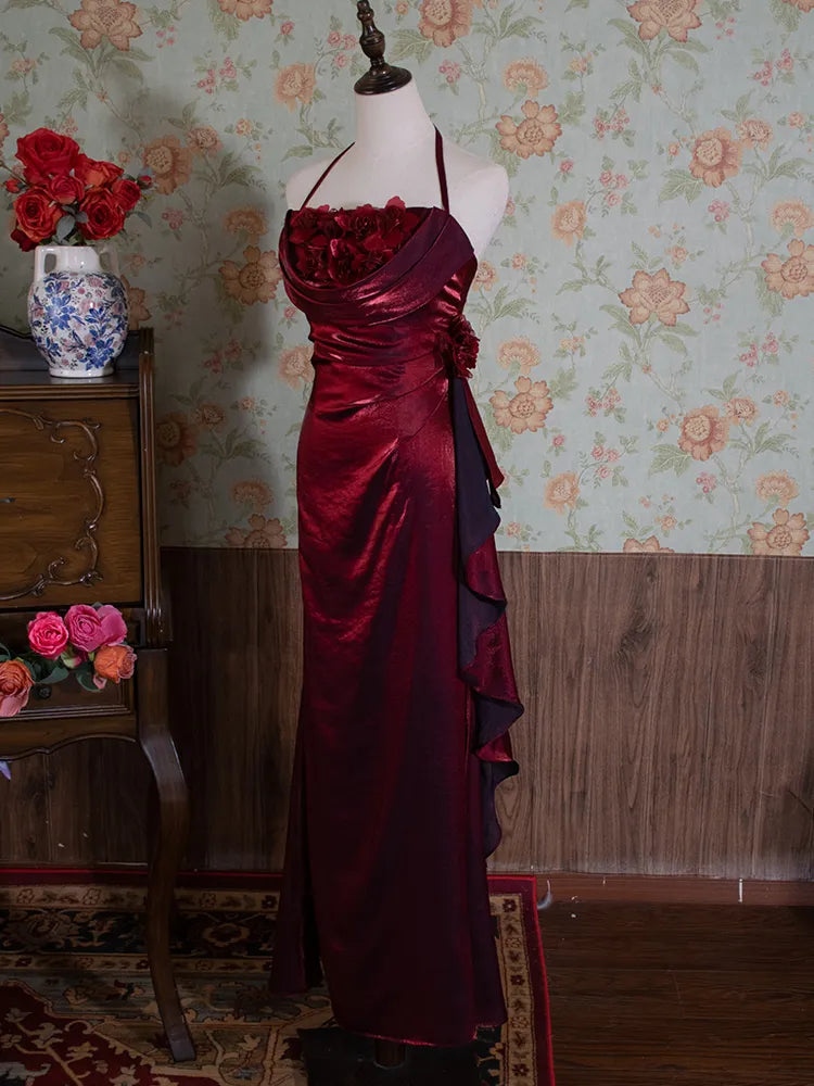 Yellow/Green/Burgundy Shiny Elegant Delicate Floral Backless Long Ball Dress Evening Dress Birthday Party Dress gh3385