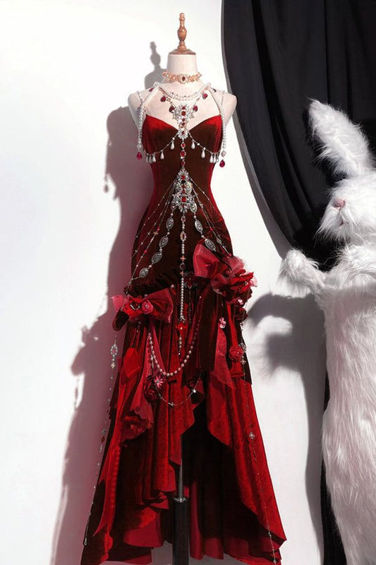 Blue/Burgundy Gorgeous Elegant Delicate Beaded Spaghetti Strap Long Ruffled Velvet Ball Gown Evening Gown Party Dress gh4169