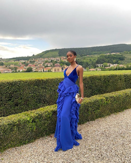 Blue v-neck low-cut hem ruffled slim long chiffon ball gown evening dress party dress gh3037