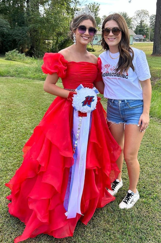 A-Line Beaded Empire Square Short Sleeves Tiered Party Prom Dress