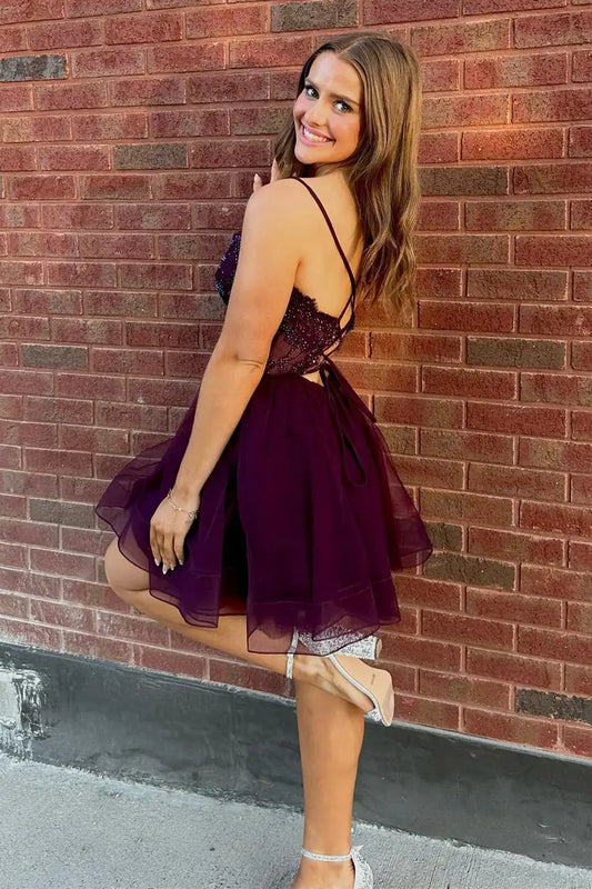 A-Line Sheer Empire Appliques Tulle Party Homecoming Dress