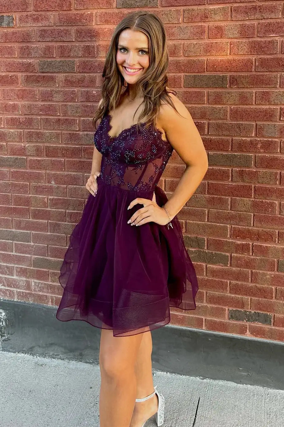 A-Line Sheer Empire Appliques Tulle Party Homecoming Dress