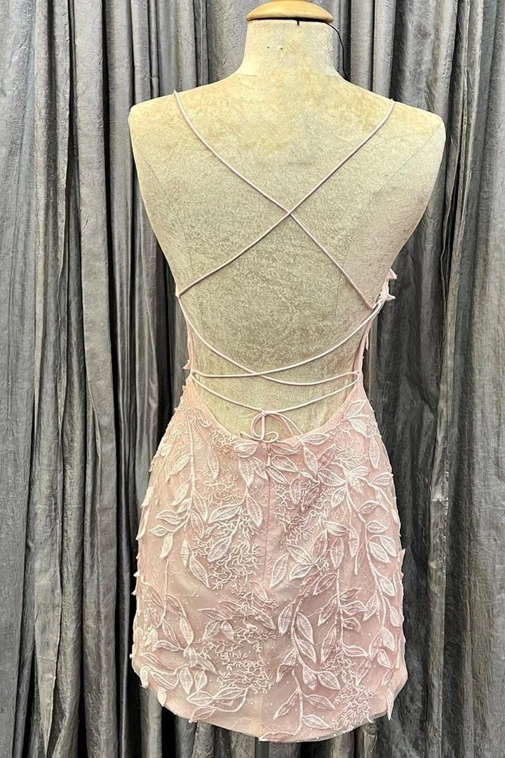 Bateau Lace Up Fitted Lace Appliques Homecoming Dress