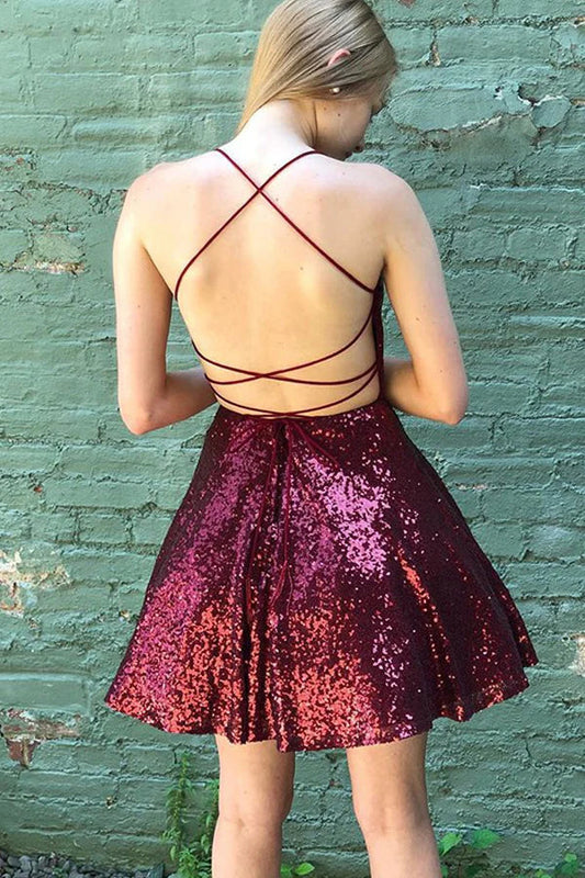 Bateau Lace Up Sequins A-Line Short Party Homecoming Dress