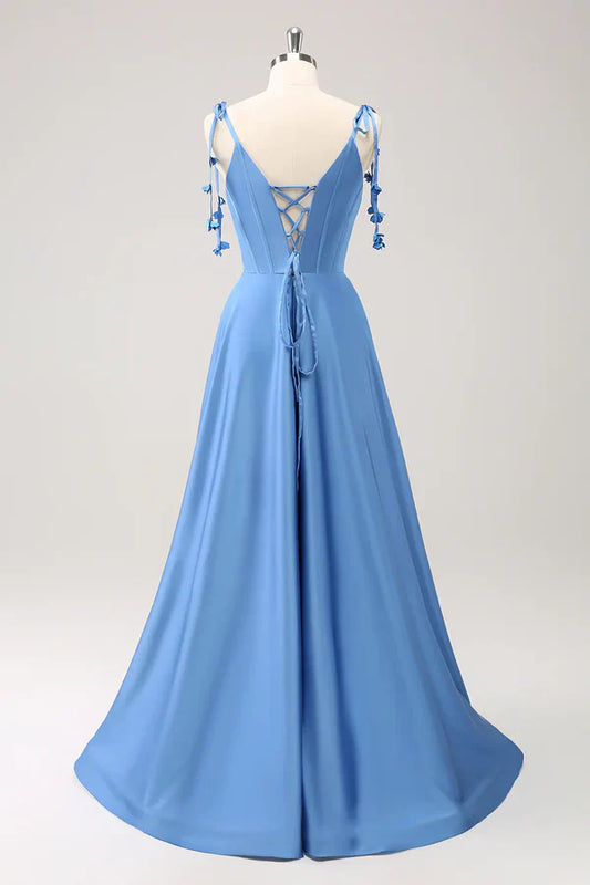 Bateau Satin A-Line Spaghetti Straps Lace Up Long Prom Dress
