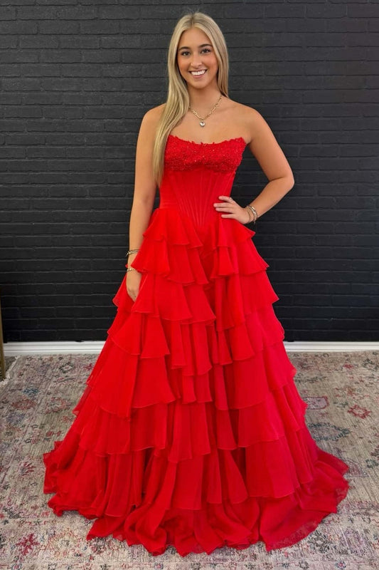 Bateau Strapless A-Line Lace Up Chiffon Party Prom Dress