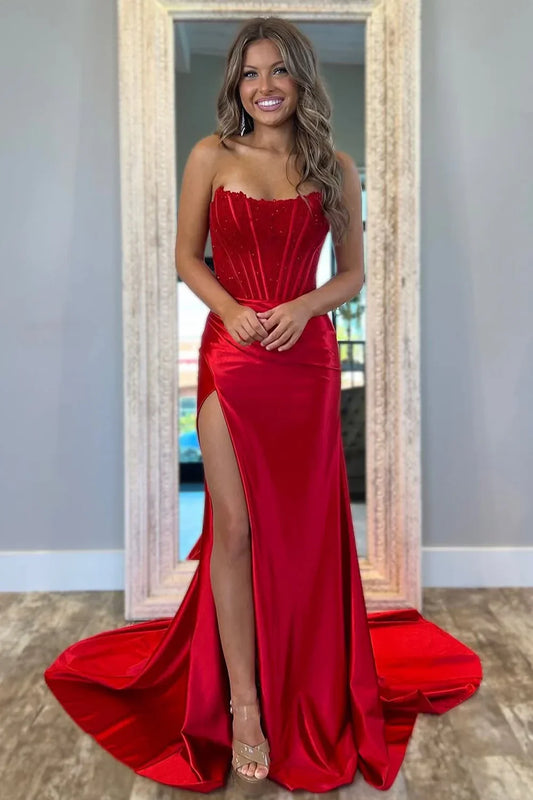 Bateau Strapless Mermaid Satin And Lace Party Prom Dress