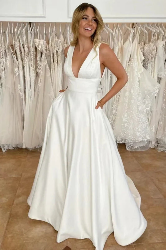 Casual Satin A-Line Low V-Neck Empire Long Wedding Dress