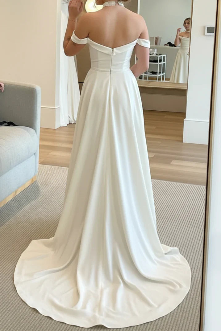 Casual Satin A-Line Off-Shoulder Empire Wedding Dress With Sweep Train