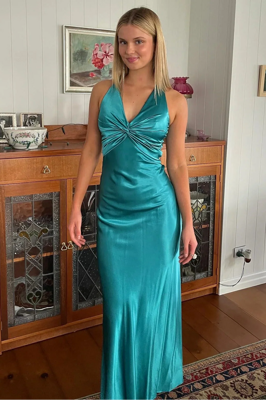 Casual Halter Satin A-Line V-Neck Lace Up Party Prom Dress