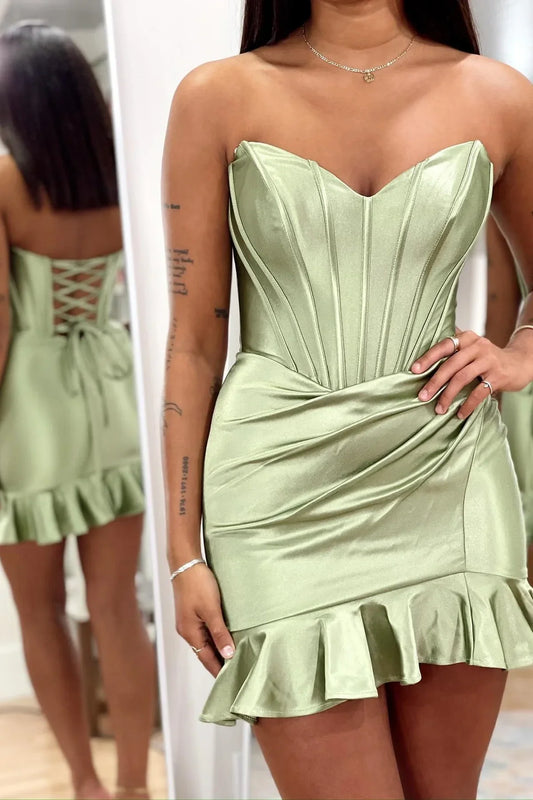 Casual Satin Sweetheart Strapless Ruffle Homecoming Dress