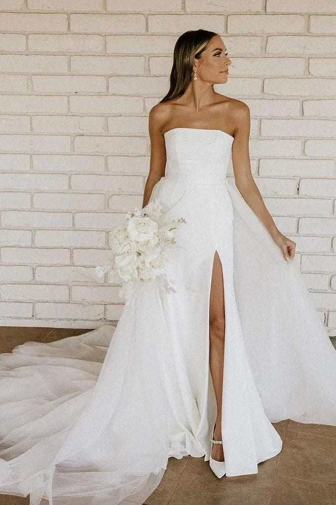 Chic Satin A-Line Strapless Empire Wedding Dress With Train