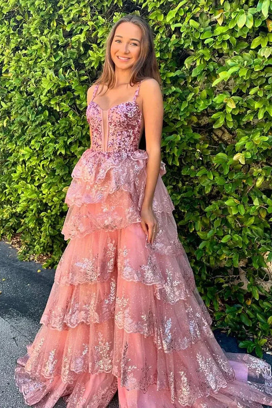 Chic Sweetheart Sleeveless Lace A-Line Tiered Party Prom Dress