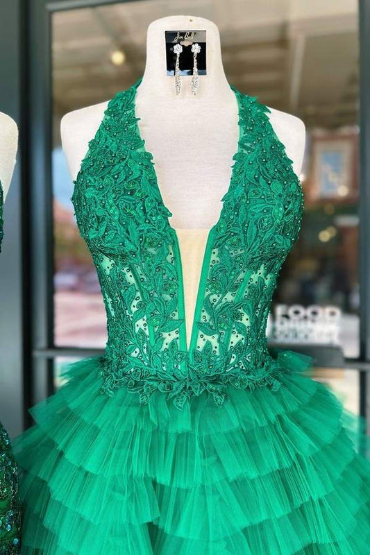 Chic Tulle A-Line V-Neck Halter Appliques Tiered Homecoming Dress