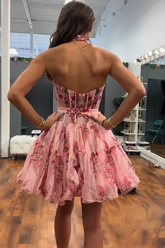 Chiffon A-Line Empire Strapless Floral Appliques Homecoming Dress